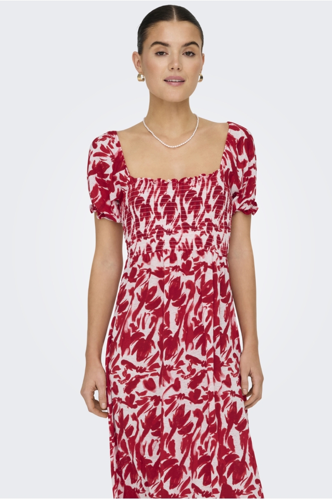 JDYZOEY S/S SMOCK DRESS JRS DIA 15351511 CLOUD DANCER/ MARS RED